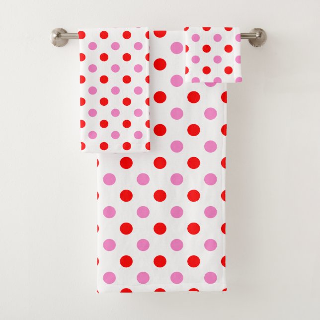 Conjunto De Toalhas Design de Pontos Brancos e Vermelho e Rosa  (Insitu)