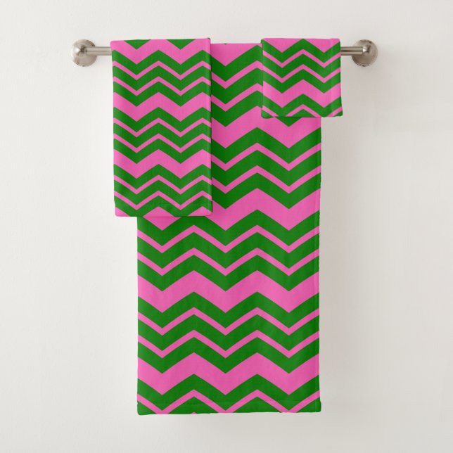 Conjunto De Toalhas Design de Ziguezague Chevron Verde Rosa  (Insitu)