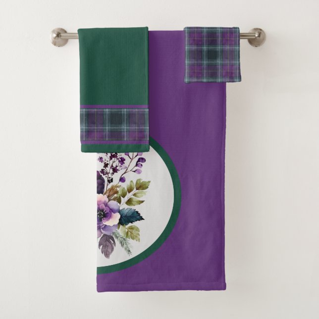 Conjunto De Toalhas Design Floral Xadrez Verde Roxo (Insitu)