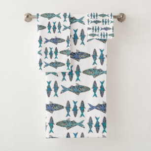 Conjunto De Toalhas design gráfico moderno verde azul de peixe tribal