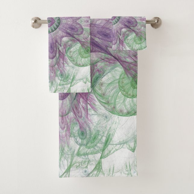 Conjunto De Toalhas Design Moderno Abstrato Fractal Roxo e Verde (Insitu)
