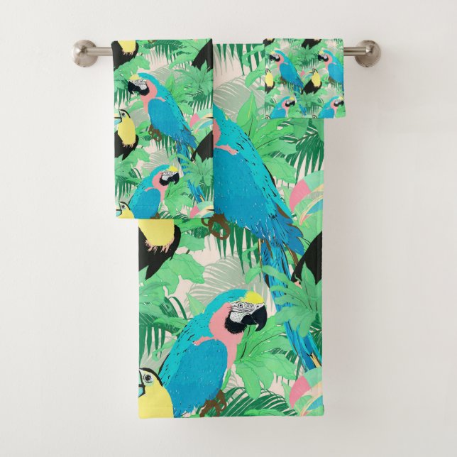 Conjunto De Toalhas Design tropical de aves e folhas exóticas modernas (Insitu)