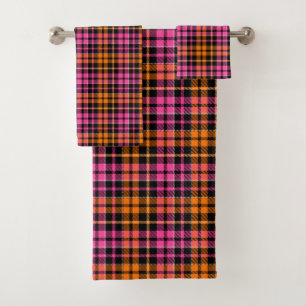 Conjunto De Toalhas Design Xadrez Escocês Laranja Rosa Preto