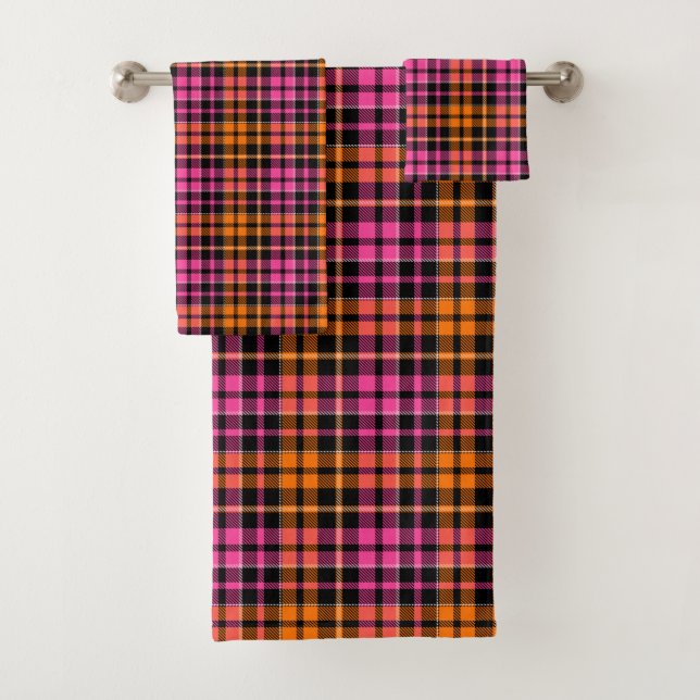 Conjunto De Toalhas Design Xadrez Escocês Laranja Rosa Preto  (Insitu)