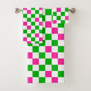 Conjunto De Toalhas Design Xadrez Rosa Branco Verde