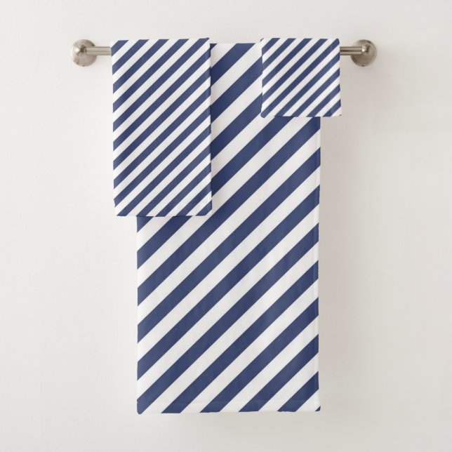 Conjunto De Toalhas Diagonal navy blue and white stripes pattern (Insitu)