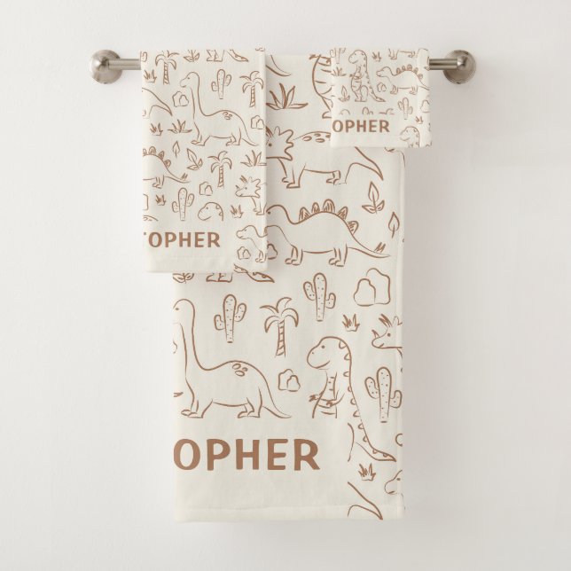 Conjunto De Toalhas Dinosaurs Boy Name Dino Cute Jungle Boho Beige (Insitu)
