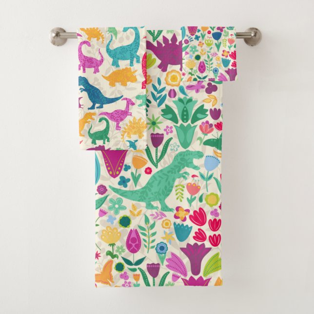 Conjunto De Toalhas Dinossauro Floral Silhouettes Lindas Meninas (Insitu)
