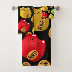 Conjunto De Toalhas Diversão do padrão de gatos coloridos Maneki-nek