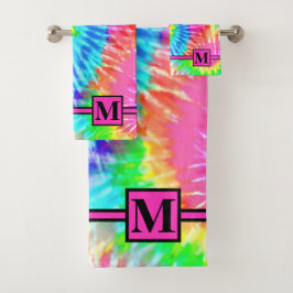 Conjunto De Toalhas Diversão Girly Pink Rainbow Retro Tie Dye Monogram
