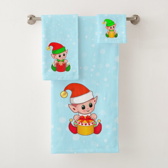 Conjunto De Toalhas Doces Elfos de Natal em Azul Claro (Insitu)