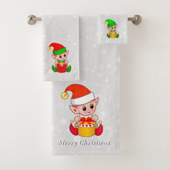 Conjunto De Toalhas Doces Elfos de Natal em Cinza Prateado Claro (Insitu)