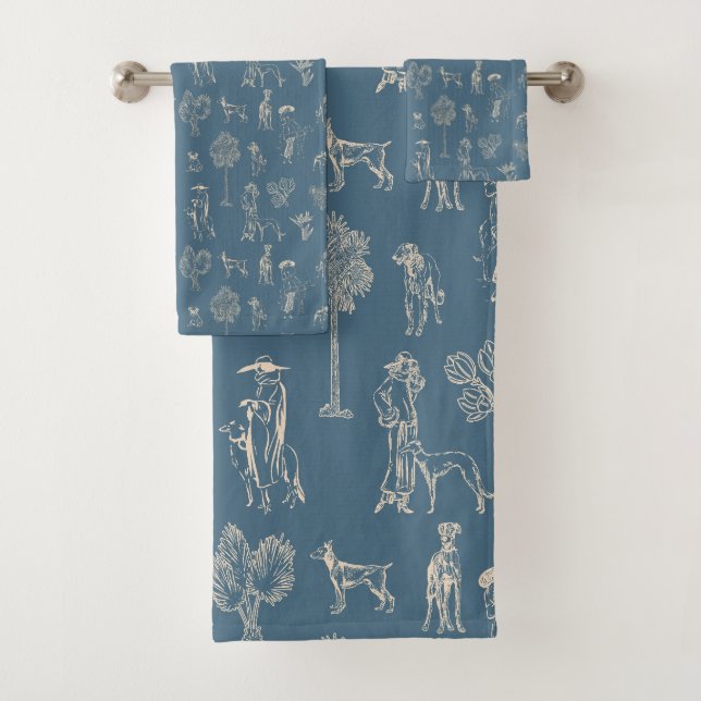 Conjunto De Toalhas Dogs Lady Toile de Jouy Dark Turquoise (Insitu)