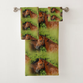 Conjunto De Toalhas Dois Belos Cavalos de Castanheiro no Sol