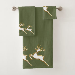 Conjunto De Toalhas Dourada Reindet De Natal Sobre Floresta Verde