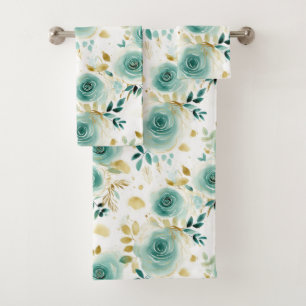 Conjunto De Toalhas Dourada Rosa Floral de Mint Green