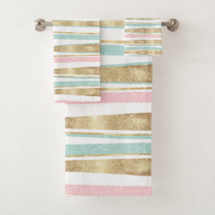 Conjunto De Toalhas Douradas Listras Doodes Rosa Design