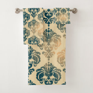 Conjunto De Toalhas Dourado & Azul Vintage Rústico Glam Damask
