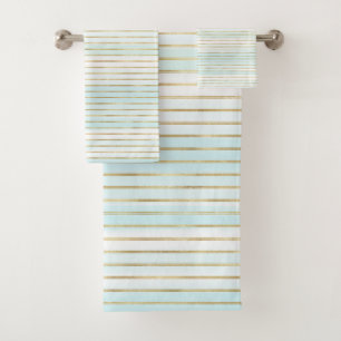 Conjunto De Toalhas Dourado Blue Mint White Beachy Watercolor Stripes