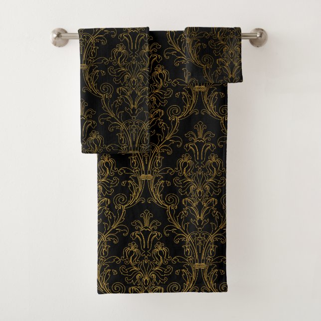 Conjunto De Toalhas Dourado contorno - Damasco Floral Preto (Insitu)