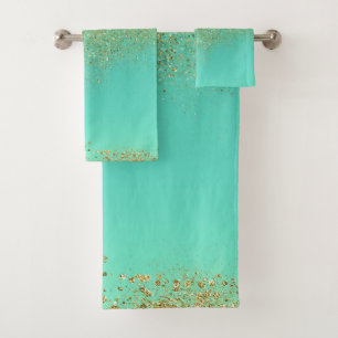 Conjunto De Toalhas Dourado em Cascata Brilho e Azul Turquesa Glam Mod