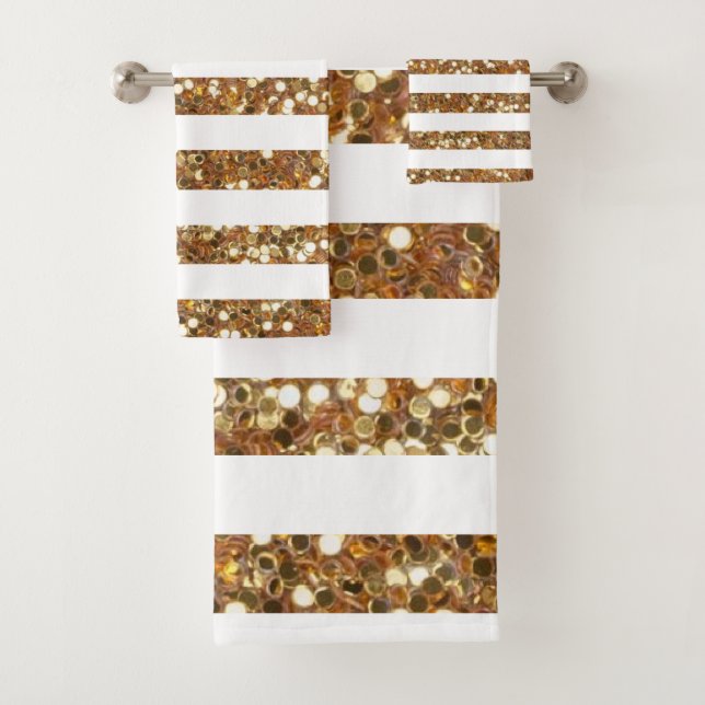 Conjunto De Toalhas Dourado Glitter Listras Brancas (Insitu)