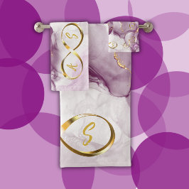 Conjunto De Toalhas Dourado Infinito Monograma inicial em roxo e ouro