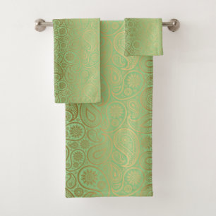 Conjunto De Toalhas Dourado padrão paisley com fundo verde