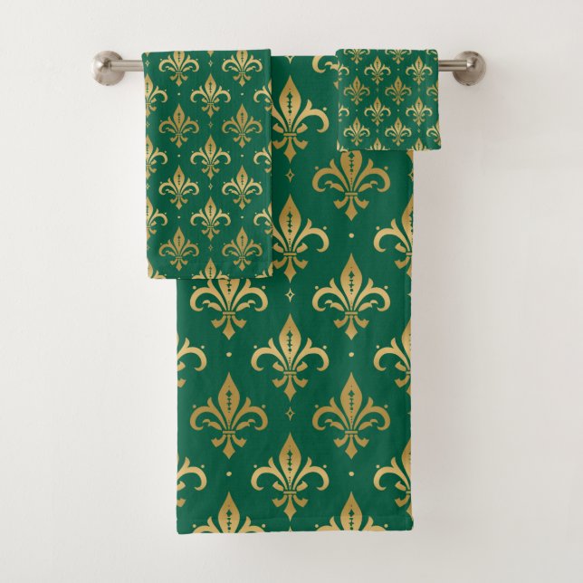 Conjunto De Toalhas Dourado padrão uniforme de pulgas-de-lis em verde (Insitu)