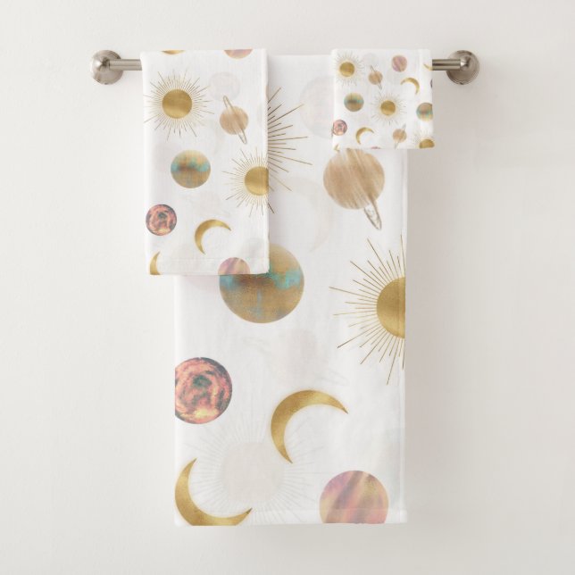Conjunto De Toalhas Dourado Sun Moon Planets Space Ilustração Branca (Insitu)