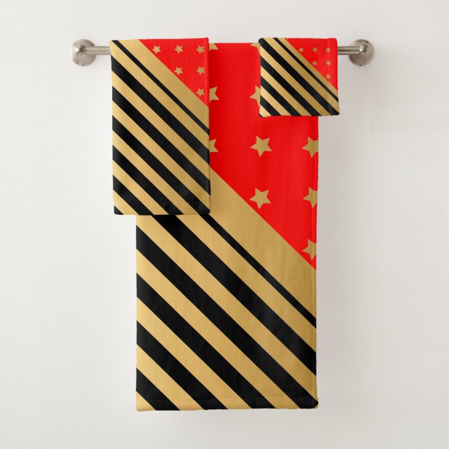 CONJUNTO DE TOALHAS DOURADO VERMELHO ESTRELAS PRETAS E STRIPES BANHEIR (Insitu)