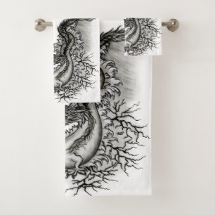 Conjunto De Toalhas Dragão chinês, Design preto e branco em tatuostilo