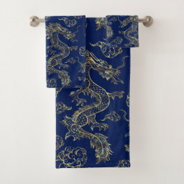 Conjunto De Toalhas Dragão Chinês Dourado e Azul Escuro