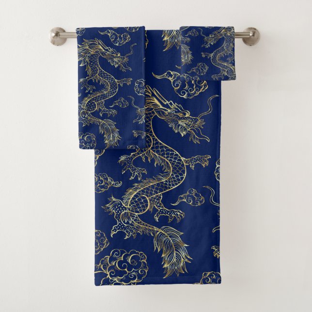Conjunto De Toalhas Dragão Chinês Dourado e Azul Escuro (Insitu)