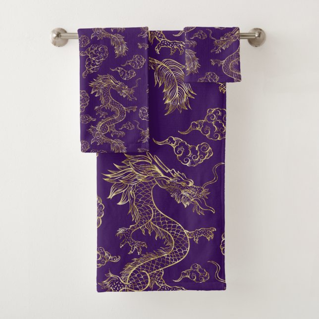 Conjunto De Toalhas Dragão Chinês Dourado e Roxo Escuro (Insitu)