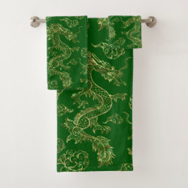 Conjunto De Toalhas Dragão Chinês Dourado e Verde Escuro