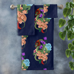 Conjunto De Toalhas Dragão Chinês Verde Místico Floral Azul Marinho