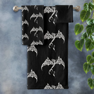Conjunto De Toalhas Dragão Tribal Celta em Entrelaçado Preto Branco Fa