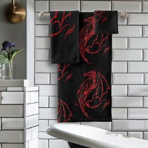 Conjunto De Toalhas Dragão Tribal Vermelho Negro