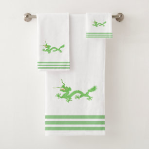 Conjunto De Toalhas Dragão Verde Personalizado & Três Listras em Branc