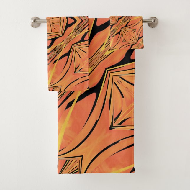 Conjunto De Toalhas Ebony Black E Citrus Orange, Design De Arte Tropic (Insitu)
