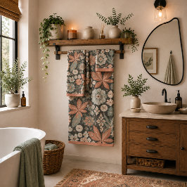 Conjunto De Toalhas Eclético Boho Terracota Carvão Vegetal Floral