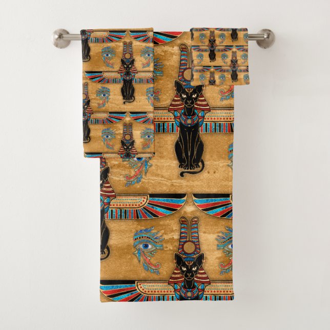 Conjunto De Toalhas Egyptian Cats and Eye of Horus pattern (Insitu)