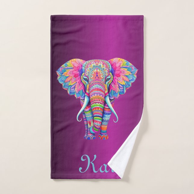 Conjunto De Toalhas Elefante Colorido Mandala com Nome Personalizado (Toalha de mão)
