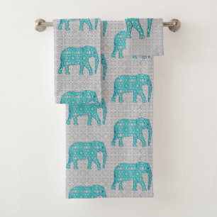 Conjunto De Toalhas Elefante Flor Mandala, Turquesa, Cinzas e Branco