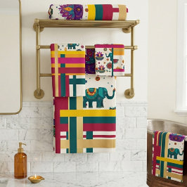 Conjunto De Toalhas Elefante Indiano Pavão Geométrico Colorido