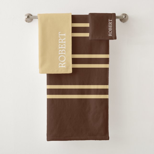 Conjunto De Toalhas Elegant Beige &Brown Stripes Pattern Custom Name (Insitu)