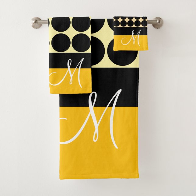 Conjunto De Toalhas Elegant black  beige &  yellow dots monogram name (Insitu)