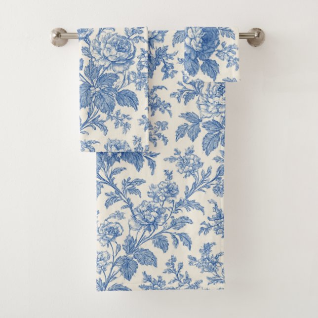 Conjunto De Toalhas Elegant Blue and Cream Floral Toile de Jouy (Insitu)