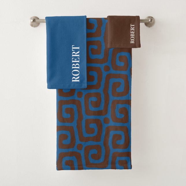 Conjunto De Toalhas Elegant Blue &Brown Abstract Pattern Custom Name (Insitu)